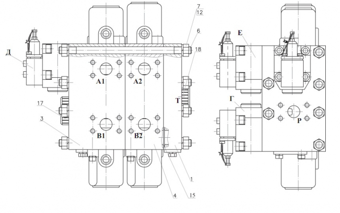 Гидрораспределитель 2-х секционный с гидроуправлением 332В, В4,С4-02(1)