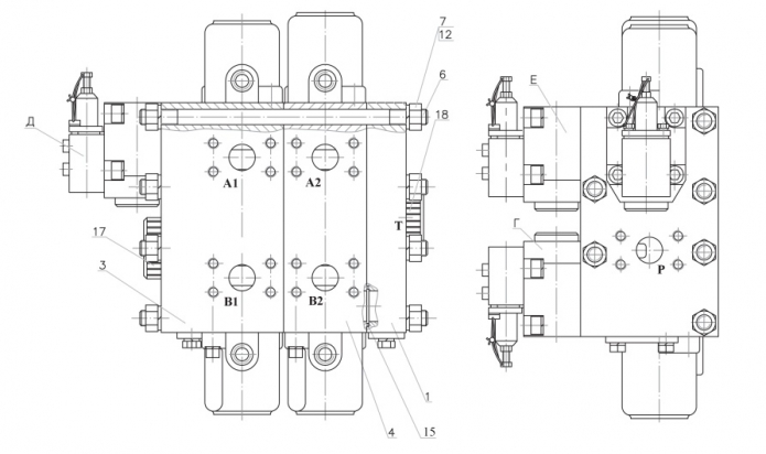 Гидрораспределитель 2-х секционный с гидроуправлением 342В, В4, В4-01, С4, С4-01, Р(1)