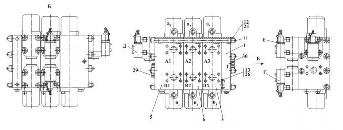 Гидрораспределитель 3-х секционный с гидроуправлением 342В, В4, В4-01, С4, С4-01, Р(1)