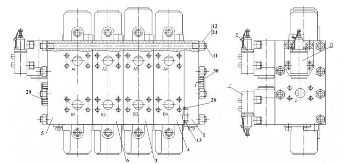 Гидрораспределитель 4-х секционный с гидроуправлением 342В, В4, В4-01, С4, С4-01, Р(1)