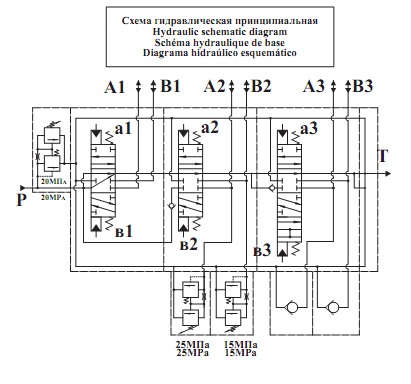 Гидрораспределитель 3-х секционный с гидроуправлением 332В, В4,С4-02(2)